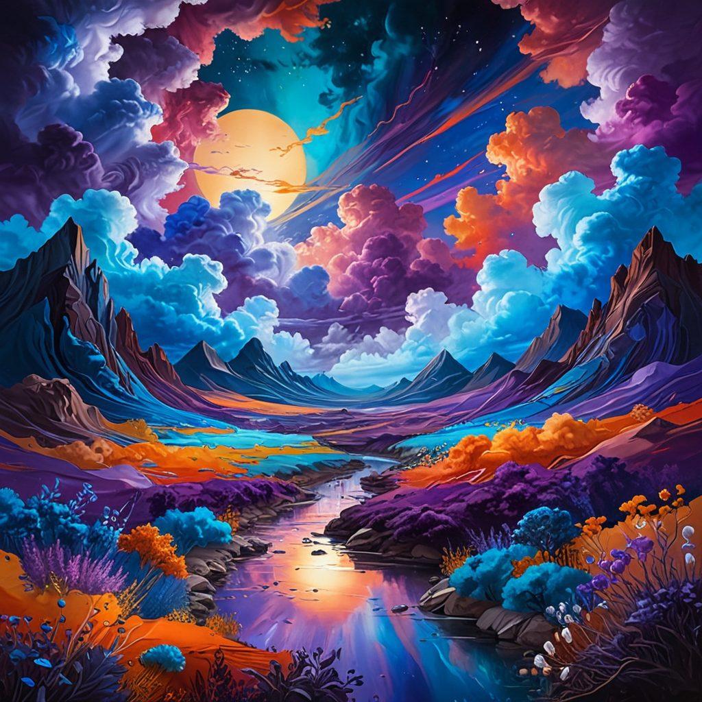 A surreal landscape blending whimsical elements of fantasy art with subtle hints of adult themes, featuring vibrant colors and bold characters. Include abstract shapes and flowing lines to represent the fluidity of creativity, alongside artistic tools like paintbrushes and palettes scattered throughout. The background should evoke a dreamlike atmosphere, merging creativity and sensuality. super-realistic. vibrant colors. fantasy art.